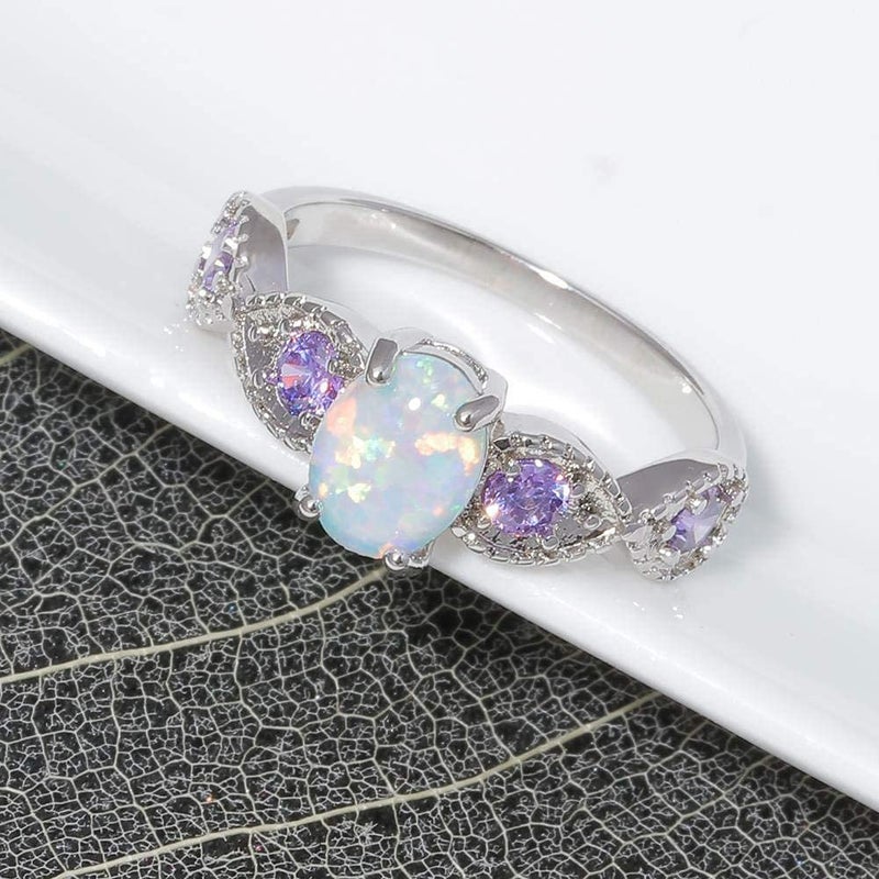 CiNily White Fire Opal Amethyst Ring Women Jewelry Gemstone Silver Plated Ring Size 7 - Image 4